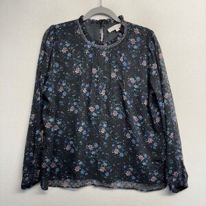 Loft Long Sleeve Floral Blouse Black Swiss Dot